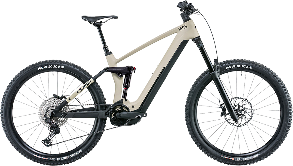 E-bike Cube Stereo Hybrid 160S colore desert black vista laterale su sfondo bianco